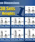 Diagram showing dimensions and set count for Silvery Chicago Screws Leather Rivets Kit 130 Sets 7 Sizes M4 M5 M6 M8 M10 M12 M15.