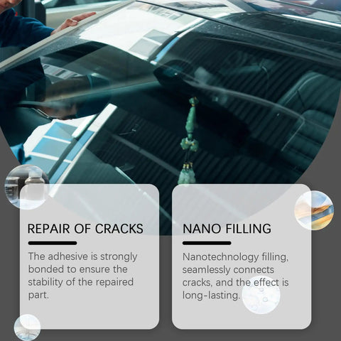 Person applying 2 Pack Windshield Crack Repair Kit For Chips And Cracks Fast Glass Repair Liquid Glue on car windshield.