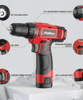 149 Piece Home Drill Set With 12V Red Cordless Drill LED Light 21 Plus 1 Torque Settings 19Nm Lightweight Ergonomic Handy Tool Kit