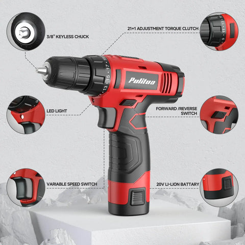 149 Piece Home Drill Set With 12V Red Cordless Drill LED Light 21 Plus 1 Torque Settings 19Nm Lightweight Ergonomic Handy Tool Kit