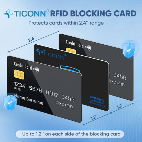 RFID Blocking Cards 4 Pack Slim Wallet Shield For Men And Women showing dimensions and card protection range.