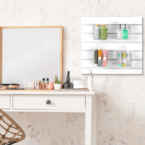 Six Clear Slatwall Bins With Integrated Hooks Mount Hanging Organizer 5.1 x 5.1 x 5.1 Inch installed on slatwall panel