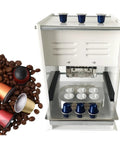 Electric Coffee Capsule Sealing Machine For 37mm 50mm And 54mm Cups Seals Up To Six At Once With Fast 500 To 700 Cups Per Hour Glue Free Heat Sealing Technology Durable Construction And Liquids Ready For Home Cafes Or Small Batch Roasting.