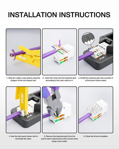Installation instructions for High Speed 10Gbps Cat6 Keystone Jack Insert 25 Pack For Patch Panels And Wall Plates, 90 Degree Punch Down RJ45 Adapters