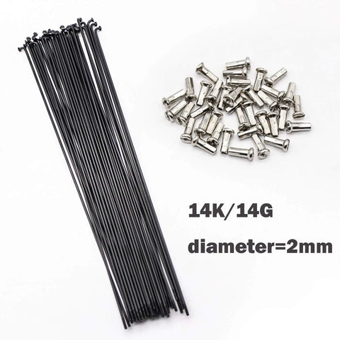 Dope Bicycle Spokes 14G 2Mm Diameter 36 Pack Steel Black And Stainless with nipples shown, ideal for wheel replacement and DIY.