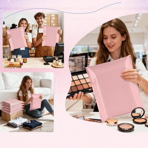 People using Bubble Mailers 10x13 Inch Light Pink 25 Pack Opaque Padded Envelopes For Clothing Books Makeup And Accessories Self Seal Shipping Bags For Small Business