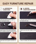 Easy Peasy Wood Furniture Repair Kit Featuring Six Realistic Tone Touch Up Markers And Wax Sticks showing instructions for repairing scratches.