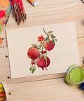 Artistic pomegranate illustration on Pro Level Basswood Sheets 24 Pack 4X6X1/16 Inch Unfinished Wood for laser cutting.