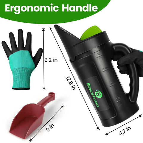 All Purpose Hand Spreader Shaker With Adjustable Opening Sizes And Flow Dial featured with dimensions, ergonomic handle, and accessories.