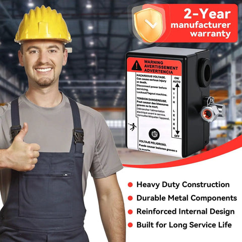 Replacement Air Compressor Pressure Switch 145 And 175 Psi For TS4N5 2340L5 2340N5 2340D5 5HP Single Phase Units With Built In Unloader Valve Four Port FNPT OEM 23474653 Compatible Easy Swap shown with worker in factory.