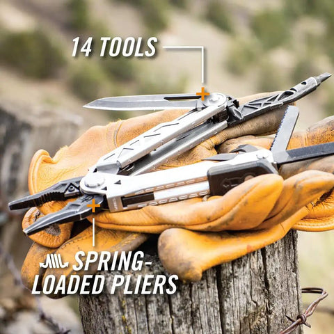 Center Drive Multitool with 12 Piece Bit Set outboard knife pliers, pry bar visible, resting on gloves outdoors.