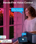 Woman using voice control with Alexa for Lit Smart Outdoor Spotlight Kit 4 Pack 12V Low Voltage Landscape Lights with App Control.