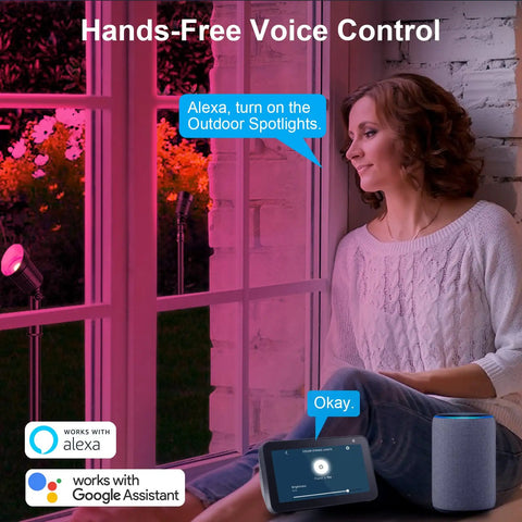 Woman using voice control with Alexa for Lit Smart Outdoor Spotlight Kit 4 Pack 12V Low Voltage Landscape Lights with App Control.