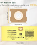 Dimensions and features of 10 Pack 10-14 Gallon Vacuum Bags for Wet Dry Vacuums, Disposable Collection Bags Compatible With Type I 90672 9067200 And Type F 90662 9066200 9066233, Fits Most 2.5 Inch Nozzles, Yellow.