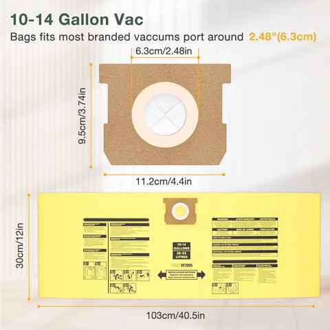 Dimensions and features of 10 Pack 10-14 Gallon Vacuum Bags for Wet Dry Vacuums, Disposable Collection Bags Compatible With Type I 90672 9067200 And Type F 90662 9066200 9066233, Fits Most 2.5 Inch Nozzles, Yellow.