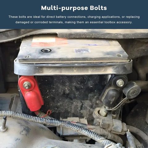 Installed view of Eight Pack Side Post Battery Terminal Bolts Kit, Three Eighths Inch Short and Long Stud Adapters in a car