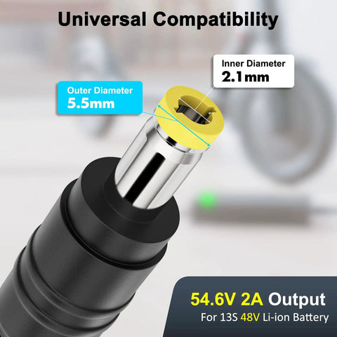 Close-up of DC 5.5x2.1mm plug for 54.6V 2A Ebike Charger For 48V Lithium Batteries And Electric Scooters with specs overlay.