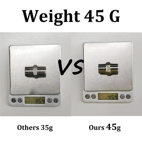 Four Pack 1/2 Inch Stainless Steel Nipple Fittings weight comparison on scales, shows 304 Stainless Steel 1/2 Inch NPT Male Threaded Pipe Adapters