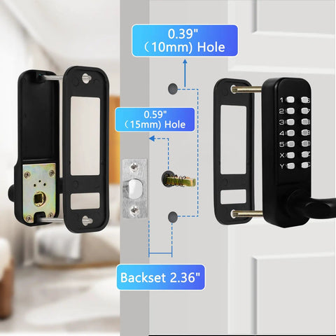 Diagram showing Beefed-Up Mechanical Door Lock With Adjustable Deadlatch For 2 3/8 Inch Or 2 3/4 Inch Holes, black, installed on door