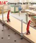 Three Quarters Inch Bench Dog Clamp For MFT Workbenches, Must Have Quick Fix Hold Down Clip, adjustable woodworking clamp shown on table