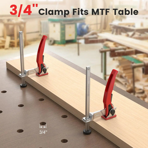 Three Quarters Inch Bench Dog Clamp For MFT Workbenches, Must Have Quick Fix Hold Down Clip, adjustable woodworking clamp shown on table
