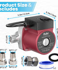 Heavy Duty 3 Speed Hot Water Recirculating Pump For Households Featuring Silent 110V Motor shown with size and included fittings.