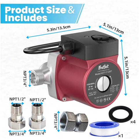 Heavy Duty 3 Speed Hot Water Recirculating Pump For Households Featuring Silent 110V Motor shown with size and included fittings.