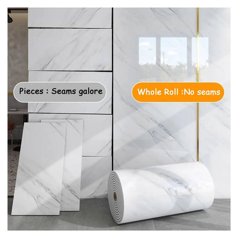 Premium 3D Peel And Stick Wallpaper Roll With A Knockout White Brick Look XPE Backing Offers Serious Impact Protection Super Simple Diy Setup Lets You Vibe Up Your Entire Place Instantly Measuring Eighty By Thirty Meters on display with comparison of pieces versus whole roll.