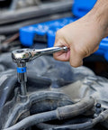 Using 3/8 Inch Drive Socket Set with Quick Release Ratchet on car engine, chrome vanadium steel.