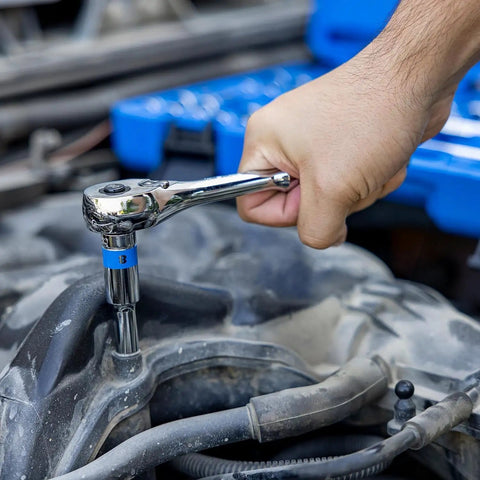 Using 3/8 Inch Drive Socket Set with Quick Release Ratchet on car engine, chrome vanadium steel.