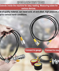 Close-up of Heavy Duty Hydraulic Pressure Test Kit With Digital Gauges 10000 PSI And 70 MPa 11 Couplings 2 Test Hoses Versatile Excavator And Construction Machinery Hydraulic System Diagnostic Tool For Maintenance And Safety showing hands holding two test hoses with connectors.