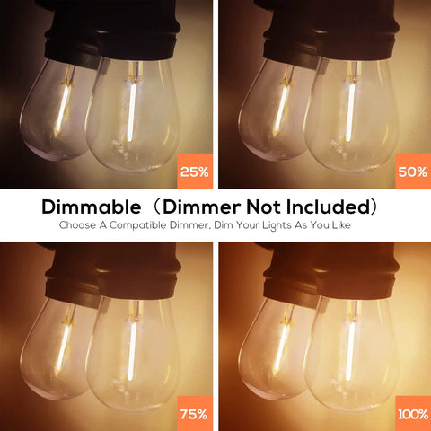 Various light levels of 51Ft Outdoor Shatterproof LED String Lights With 18 Dimmable Bulbs, Waterproof Vintage Patio Lighting For Weddings And Parties, 17 Hanging Sockets, Energy Efficient Garden String Lights For All Weather, demonstrated bulb brightness at 25%, 50%, 75%, and 100%.