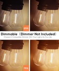 Dimmable S14 LED bulbs shown at different brightness levels, part of 102Ft Outdoor String Lights With 35 Dimmable S14 LED Bulbs Waterproof Shatterproof Patio Lighting For Garden Backyard Porch Cafe Deck And Wedding Warm White Vintage Vibe Black Wire.