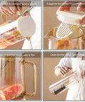 A Game Changer High Borosilicate Glass Pitcher With Secure Tight Lid And Long Mixing Spoon One Point Six Liter Heat Resistant Beverage Carafe pouring iced tea.