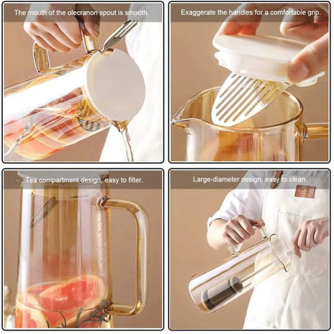 A Game Changer High Borosilicate Glass Pitcher With Secure Tight Lid And Long Mixing Spoon One Point Six Liter Heat Resistant Beverage Carafe pouring iced tea.