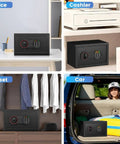 Compact Home Safe With Alarm System shown in office, cashier, closet, and car scenarios for versatile use.