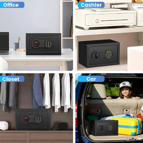 Compact Home Safe With Alarm System shown in office, cashier, closet, and car scenarios for versatile use.