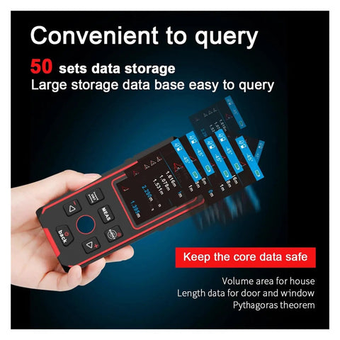 Top Tier Wall Stud Finder And Straight Up Reliable Metal Scanner Featuring Laser Rangefinder And Integrated Digital Level For No Sweat Live Wire Detection Plus Copper Pipe Scan handheld device displaying storage data and measurements.