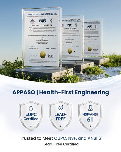 APPASO 4 Hole Kitchen Faucet Matte Black, Dual Handle with Soap Dispenser certifications displayed outdoors.