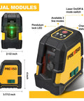 Laser Level With Tripod 100 Ft Rechargeable Dual Modules Line Laser Self Leveling Wide Angle Cross Line Tool For Construction And Tile Renovation Magnetic Base Target Plate And Carry Bag, shown in close-up with measurements and features highlighted.