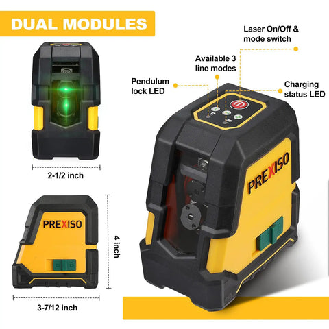 Laser Level With Tripod 100 Ft Rechargeable Dual Modules Line Laser Self Leveling Wide Angle Cross Line Tool For Construction And Tile Renovation Magnetic Base Target Plate And Carry Bag, shown in close-up with measurements and features highlighted.