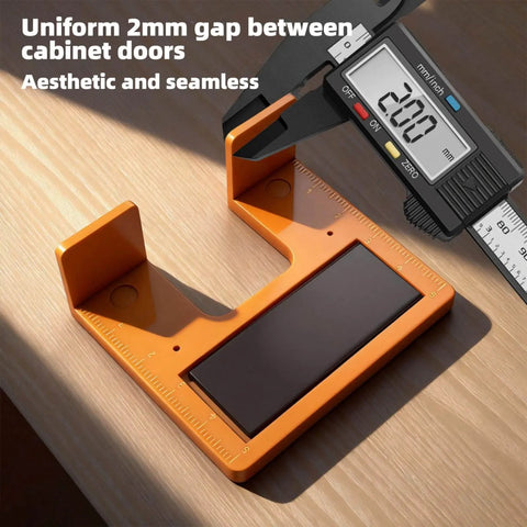 Quick-Install Cabinet Door Hinge Adjustment Tool Kit showing 2mm gap alignment jig with magnetic attachment on wooden surface.