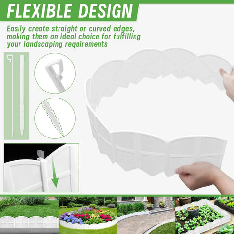 Illustration of flexible setup for Twenty Pcs Garden Edging Border Kit With 20 Stakes For Lawn And Flower Bed White 20 Ft Landscaping Border Fence Durable Polypropylene Easy Install