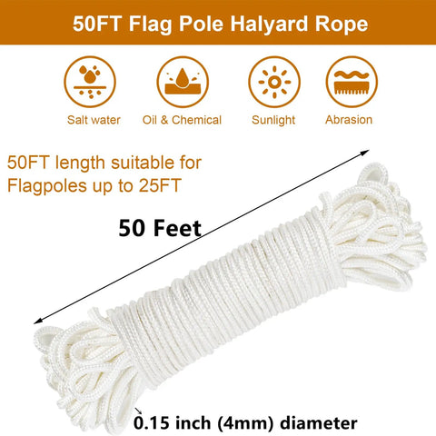 Flag Pole Hardware Kit With 3 Inch Gold Ball Topper, Aluminum Alloy Construction, Weatherproof Flagpole Accessories, 50 Feet Halyard Rope, 4 Inch Cleat Hook With Screws, Four Swivel Snap Hooks, And Pulleys For 2 Inch OD Tubes 50 ft rope
