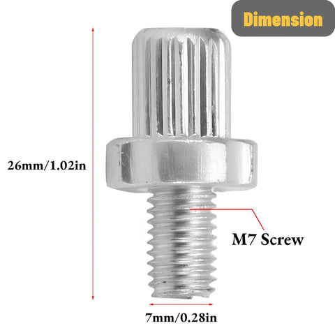 Beefy 7mm M7 Brake Lever Adjusters 2 Pack For Road And Mountain Bikes Aluminum Alloy Silver, dimensions indicated, close-up view