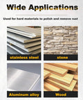 Graphic showing applications of abrasive drum wheel 40 grit for metal, stone, aluminum, wood surfaces polishing and rust removal.