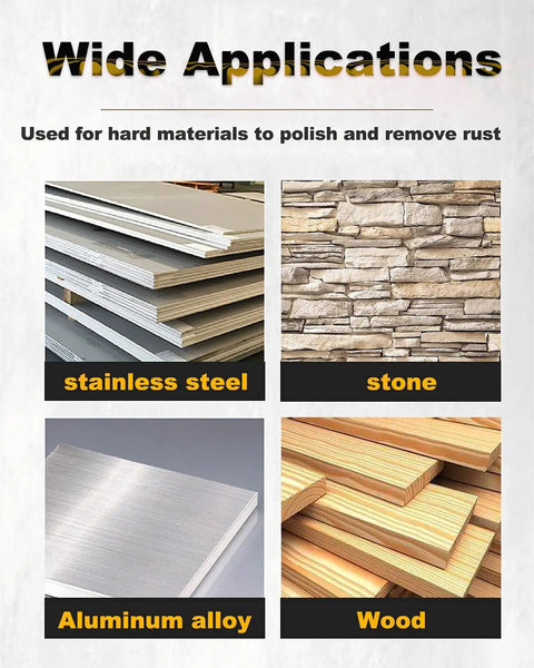 Graphic showing applications of abrasive drum wheel 40 grit for metal, stone, aluminum, wood surfaces polishing and rust removal.