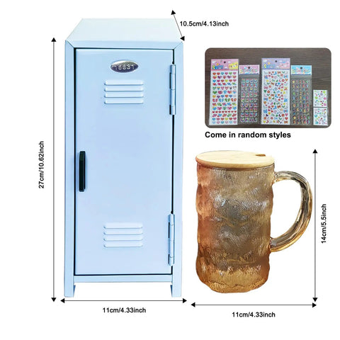Fresh Blue Mini Metal Locker Box With Reliable Lock And Dope Decorative Stickers Compact Desktop Storage Organizer For Jewelry Cash Stash Girl Gifts Desk Neat Stack, dimensions 10.8x4.2x3.9in.