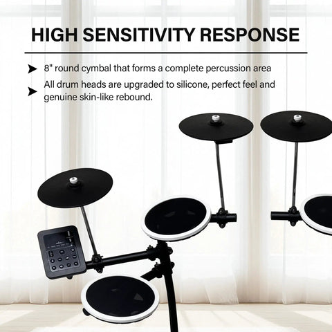 Kickin Electronic Drum Set With Amp For Beginners, Quiet Mesh Pads And Cymbals, USB MIDI kit detail of 8-inch cymbal and drum module