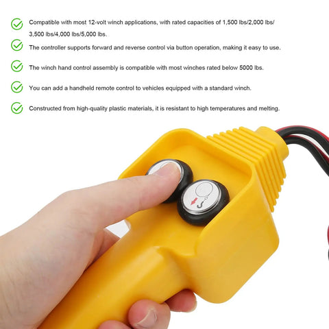 Jnixij Wired Winch Handheld Remote Controller with forward and reverse buttons, yellow plastic durable design for 12V electric winches.